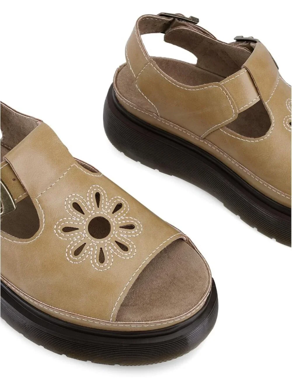 Women's Khaki Flat Open Toe Flower Decoration Fisherman Platform Sandal Shoes
